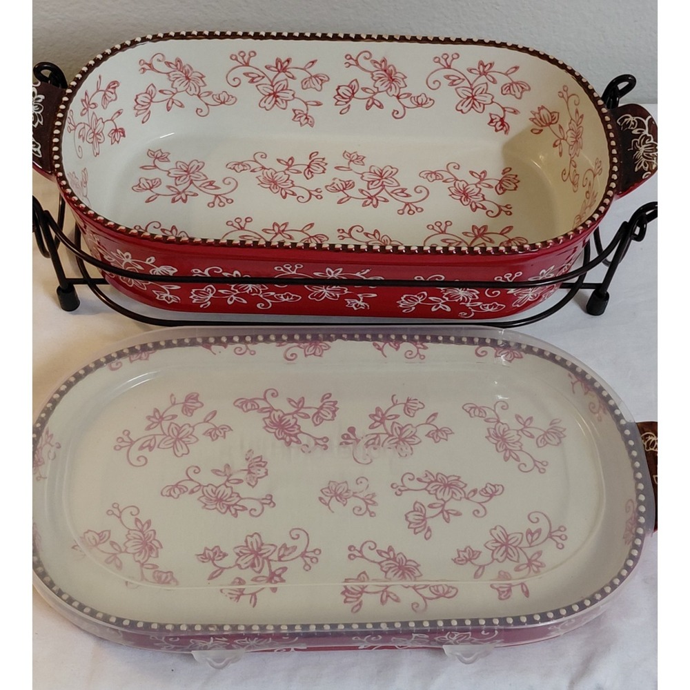 Temp-tations by Tara Floral Lace 2 Qt Baking Dish Set w Lid Tray Rack Red Floral - Picture 5 of 12